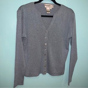 Joesph A. Blue Metallic Brim With V-Neck Long Sleeve Button Down Silk Sweater, L